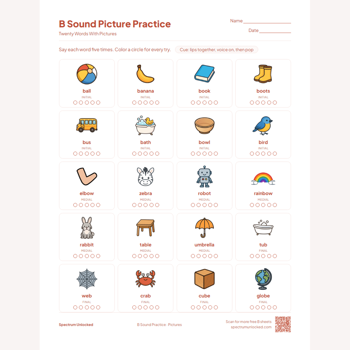 Picture practice page with 20 illustrated B words