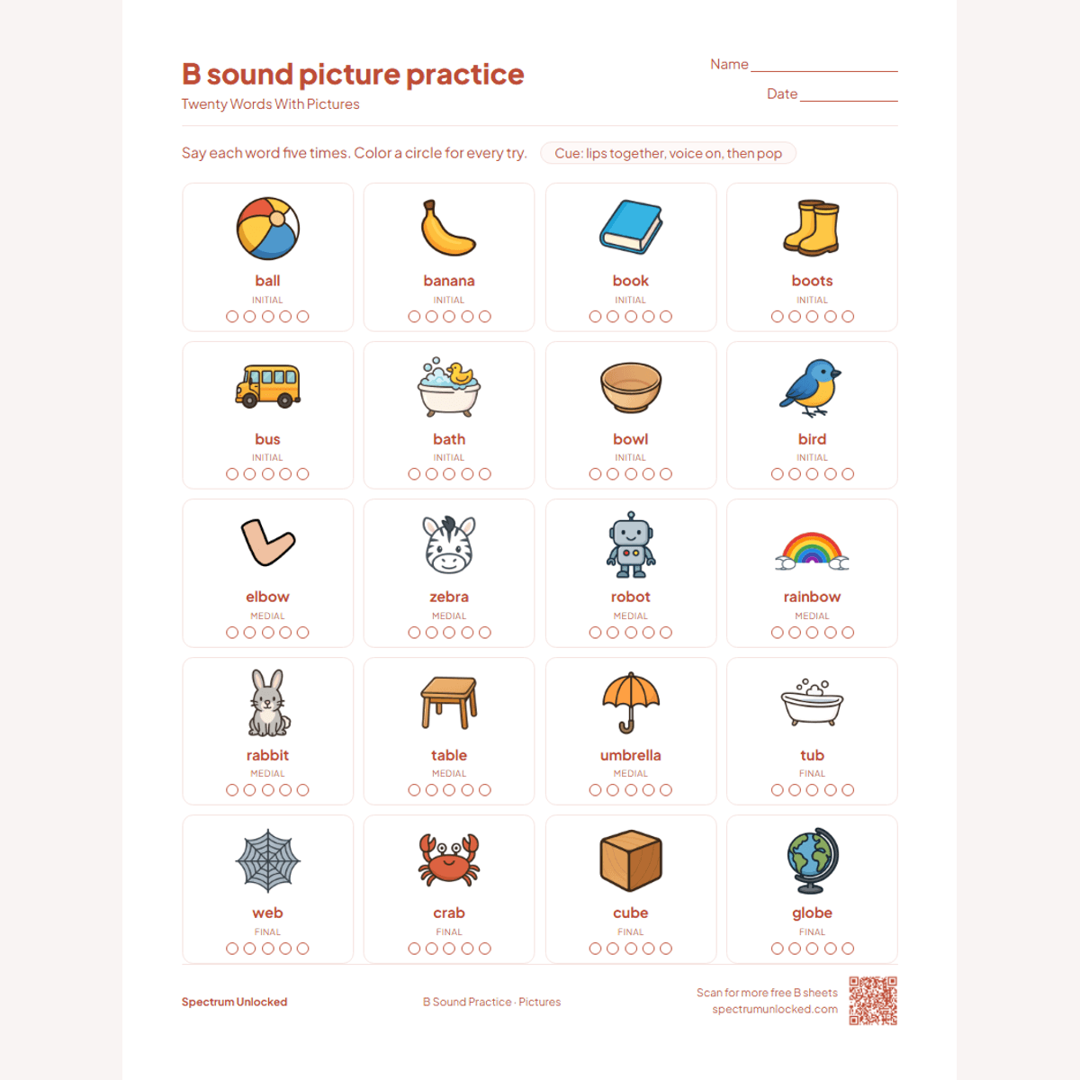 Picture practice page with 20 illustrated B words