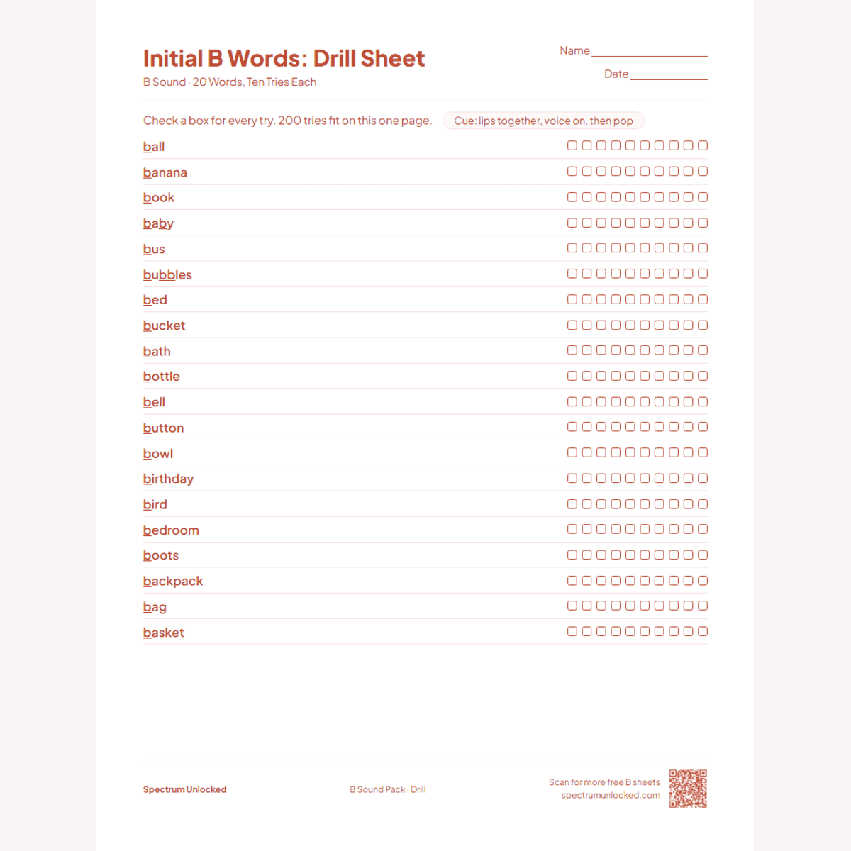 Drill sheet with ten tries per B word
