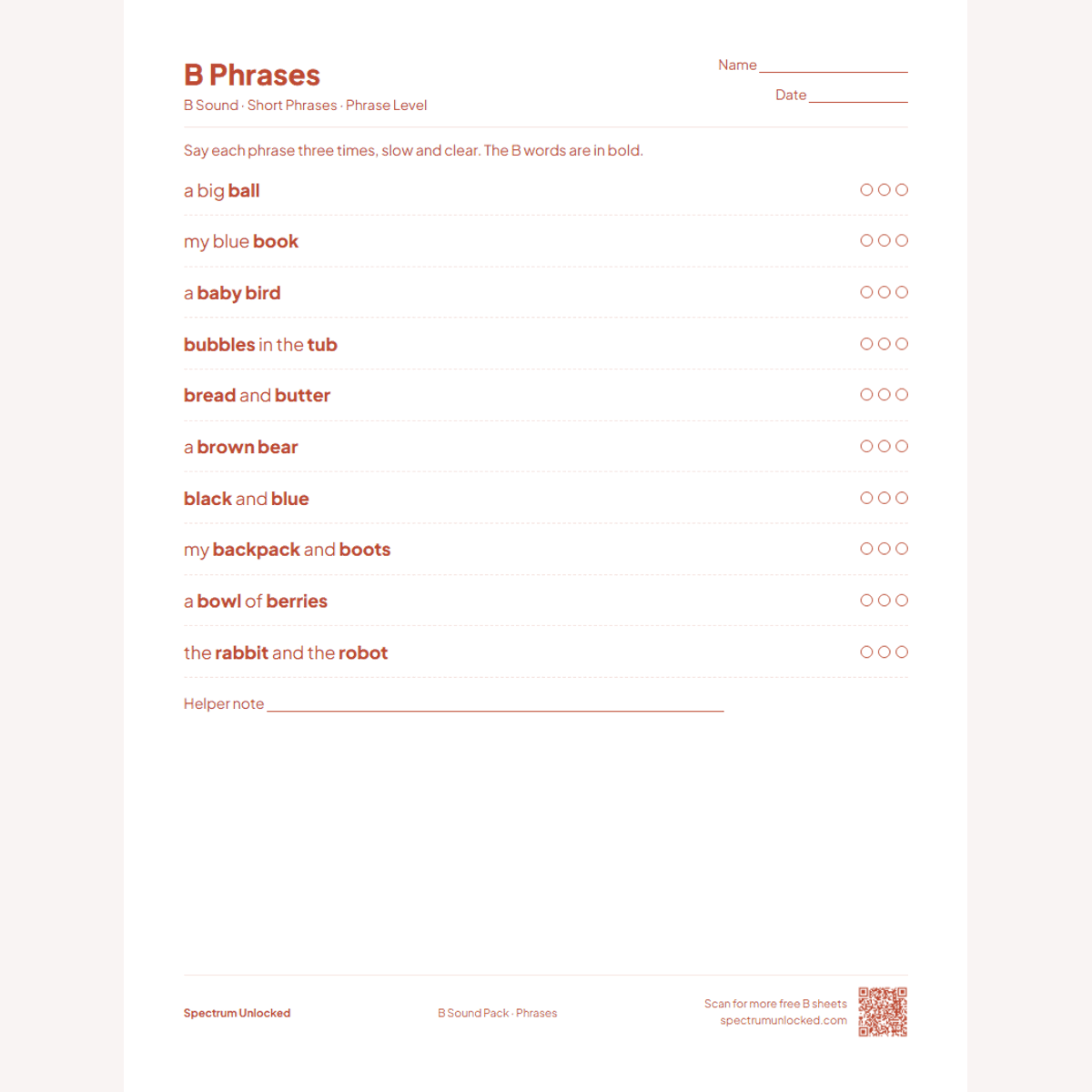 B phrases practice page with try counters