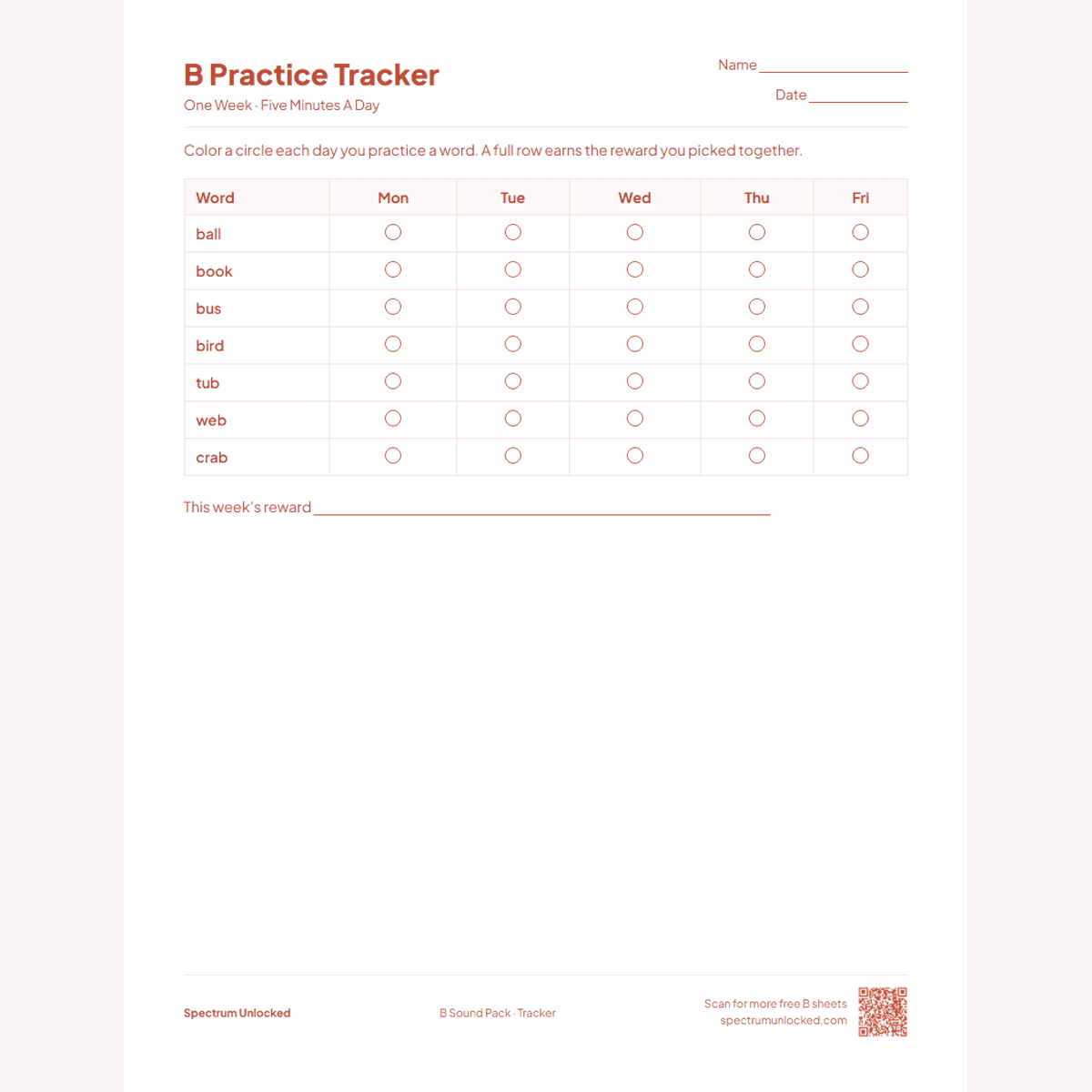 Weekly B practice tracker page