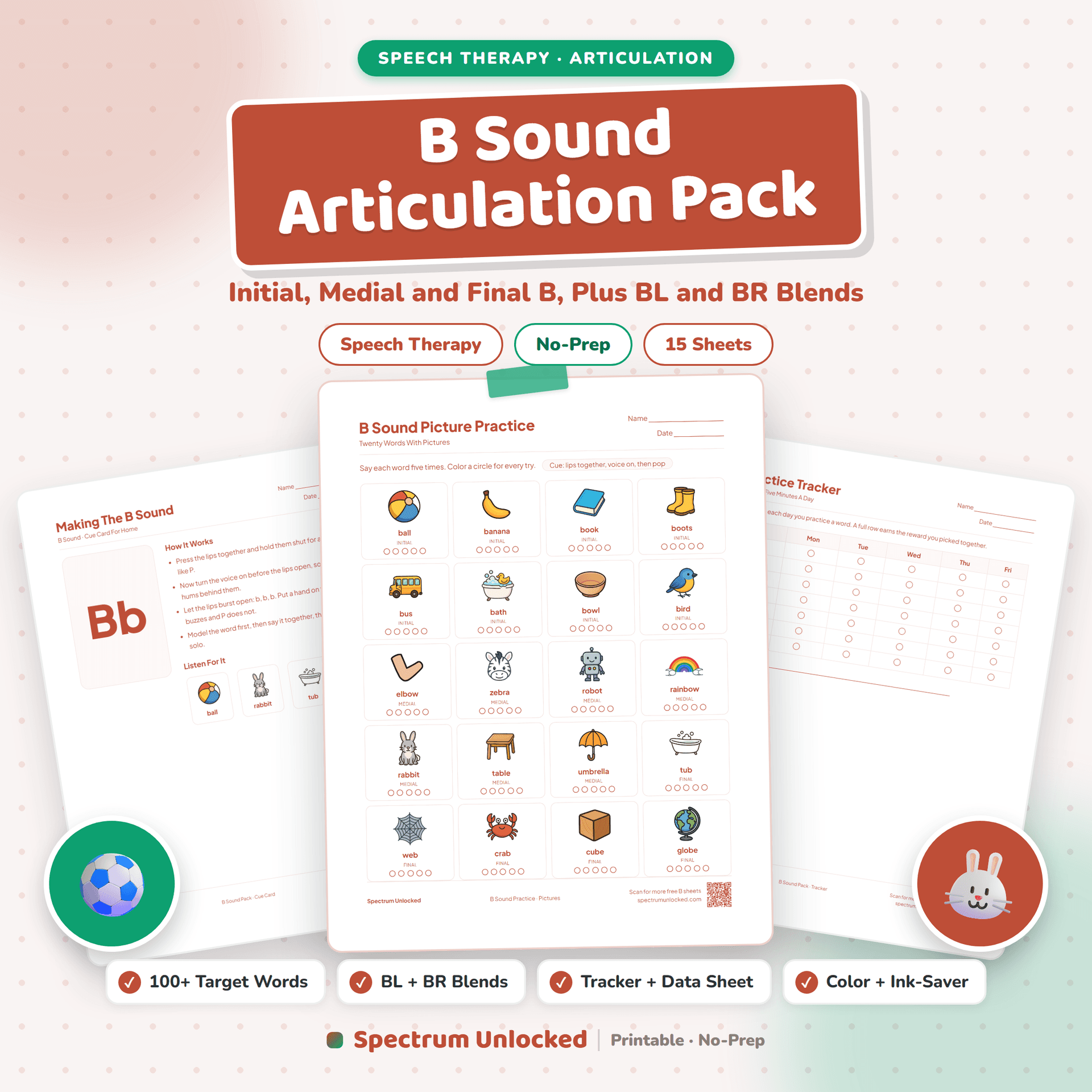 B Sound Articulation Worksheets Pack cover