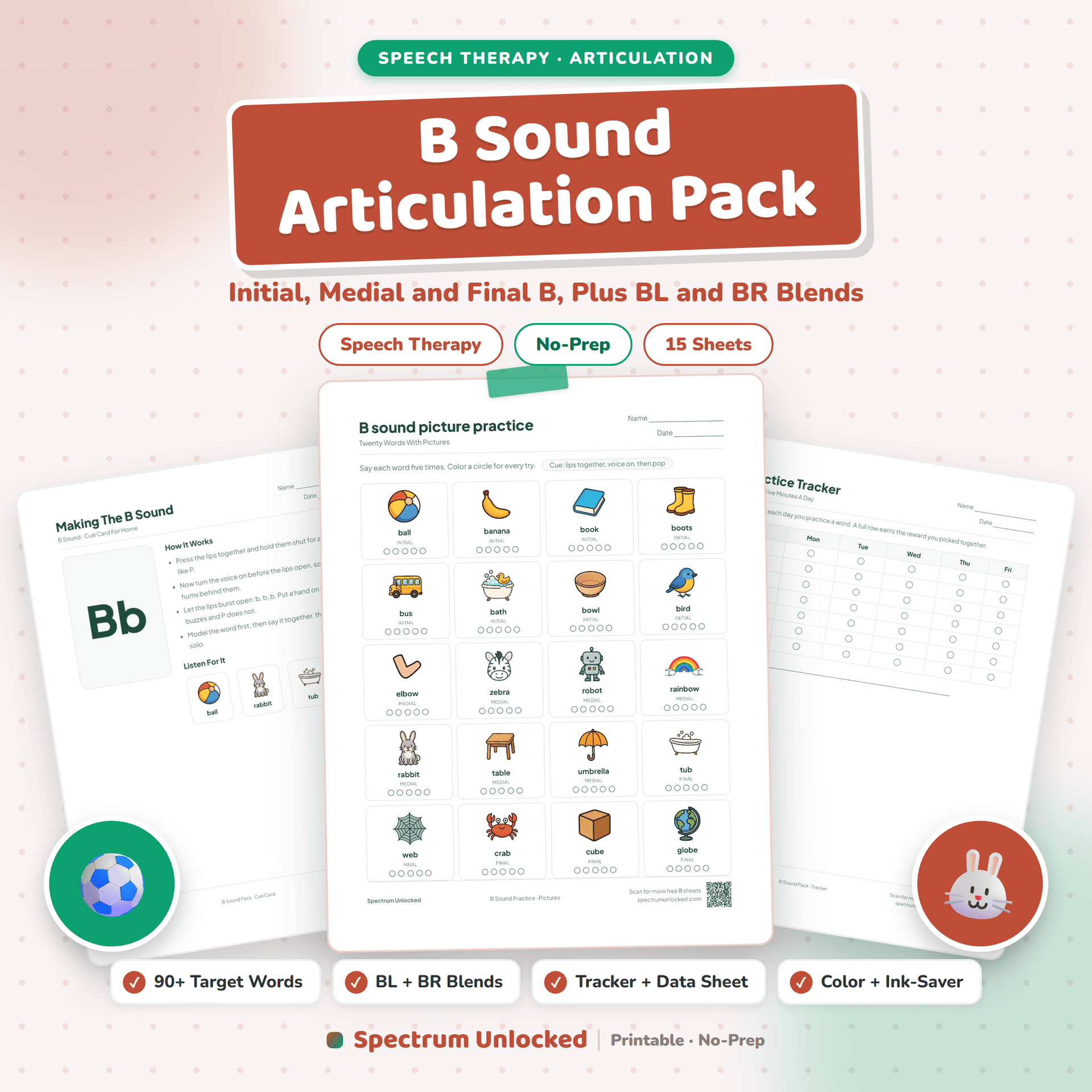 B Sound Articulation Worksheets Pack cover