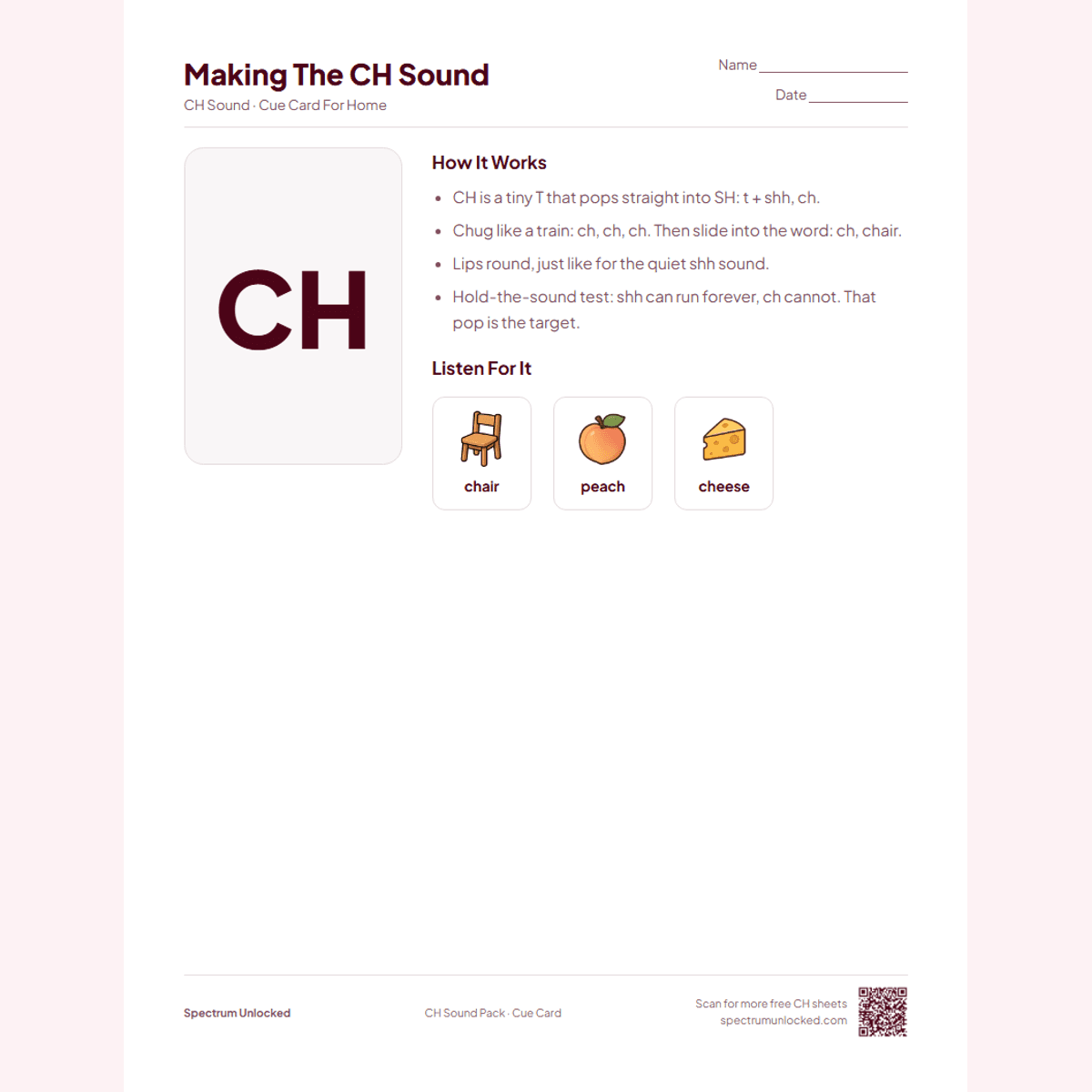 Send-home cue card from the CH Sound Articulation Worksheets Pack