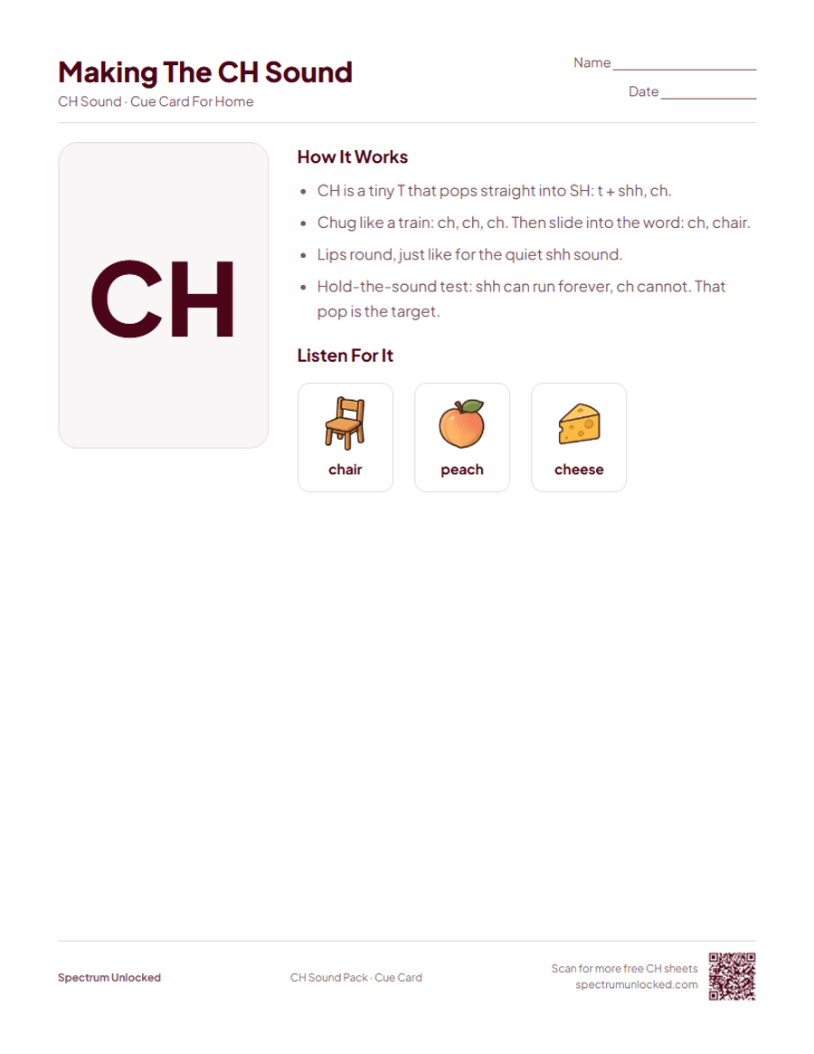 Send-home cue card from the CH Sound Articulation Worksheets Pack