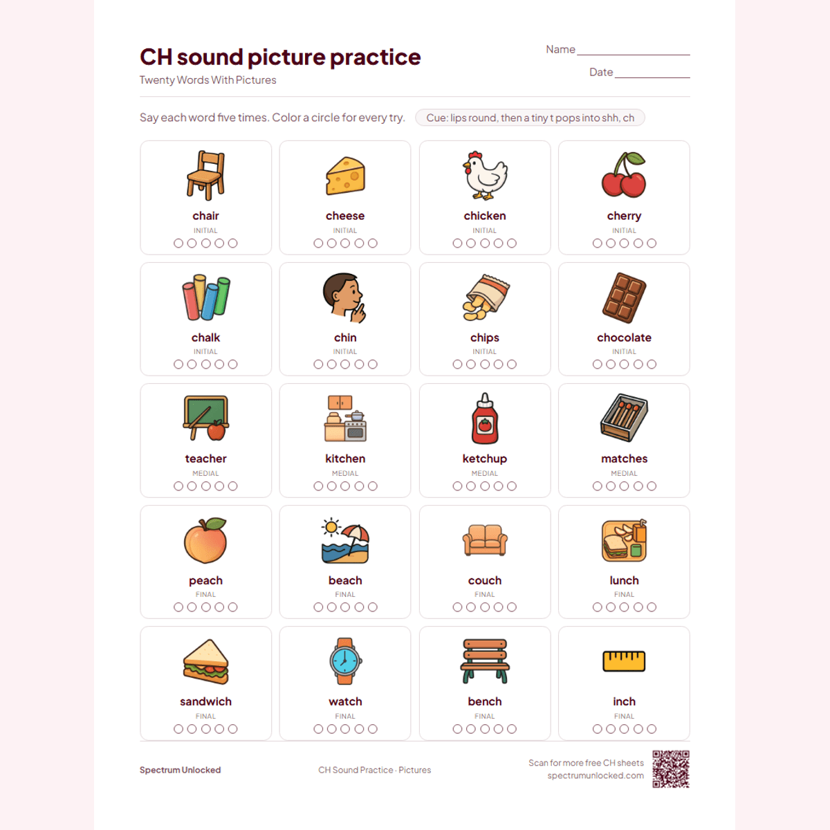 Picture practice page with 20 illustrated CH words