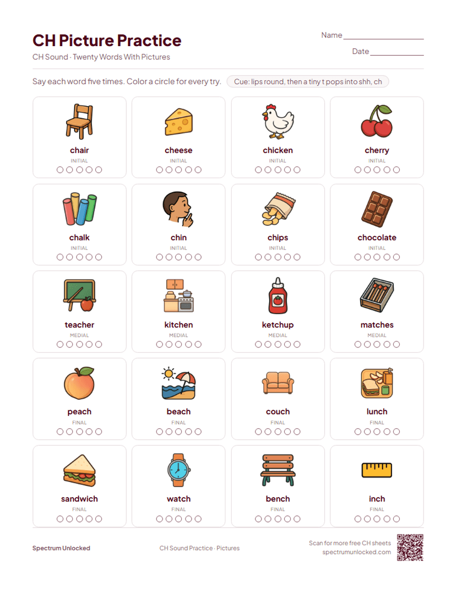 Picture practice page with 20 illustrated CH words
