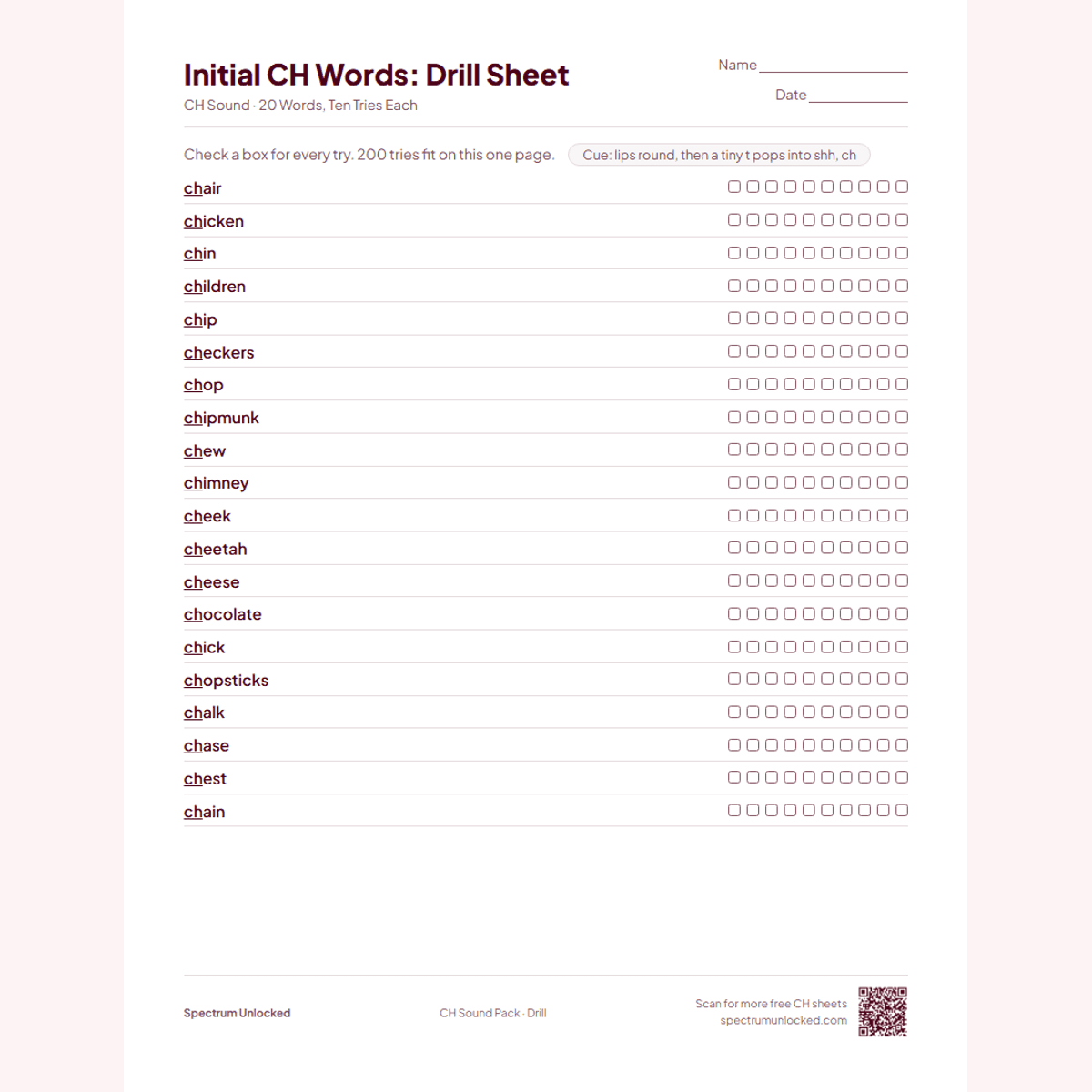 Drill sheet with ten tries per CH word