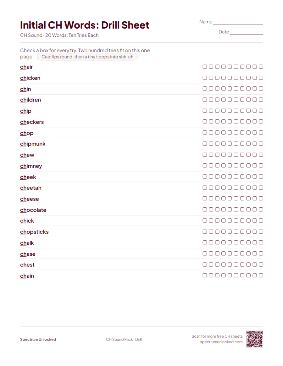 Drill sheet with ten tries per CH word