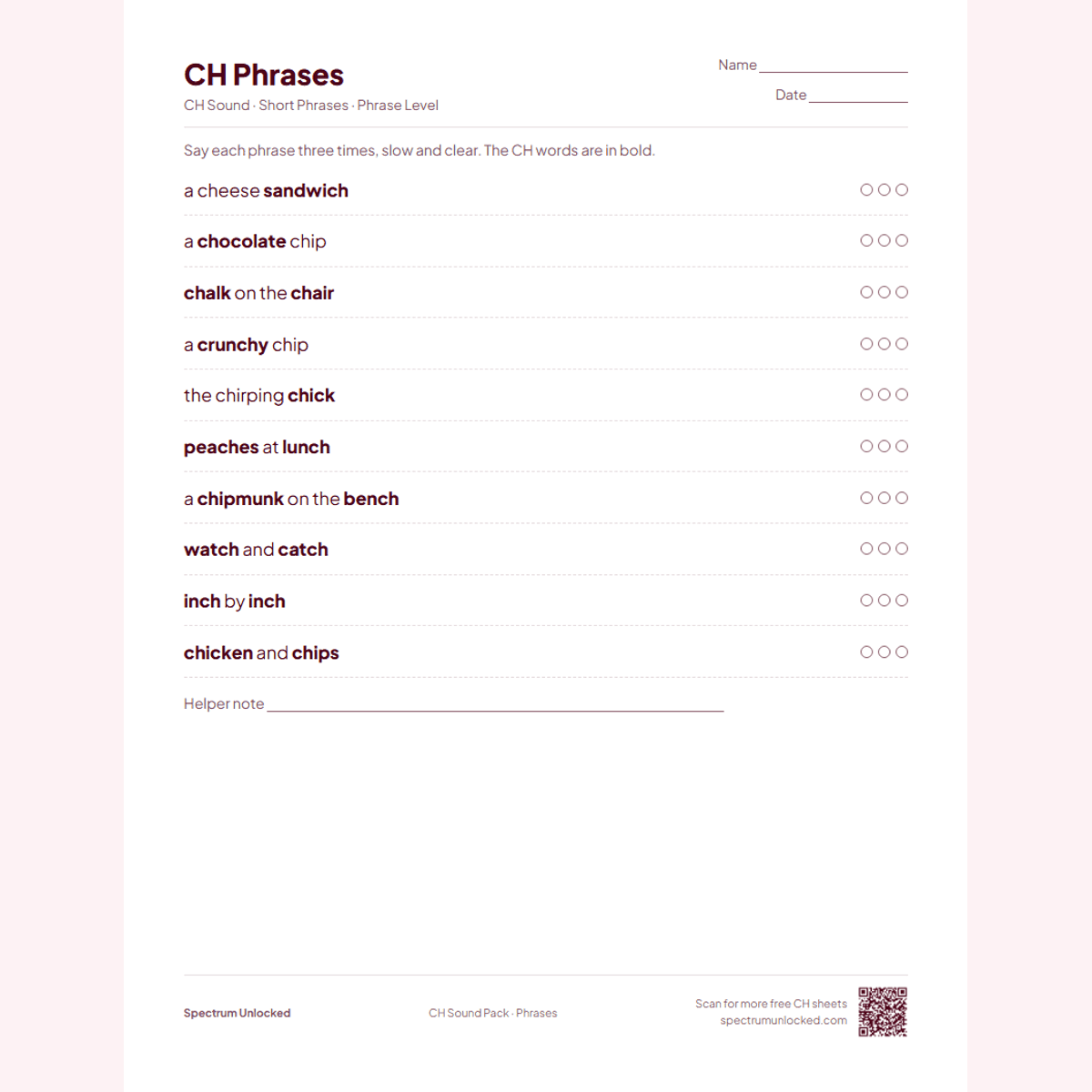 CH phrases practice page with try counters