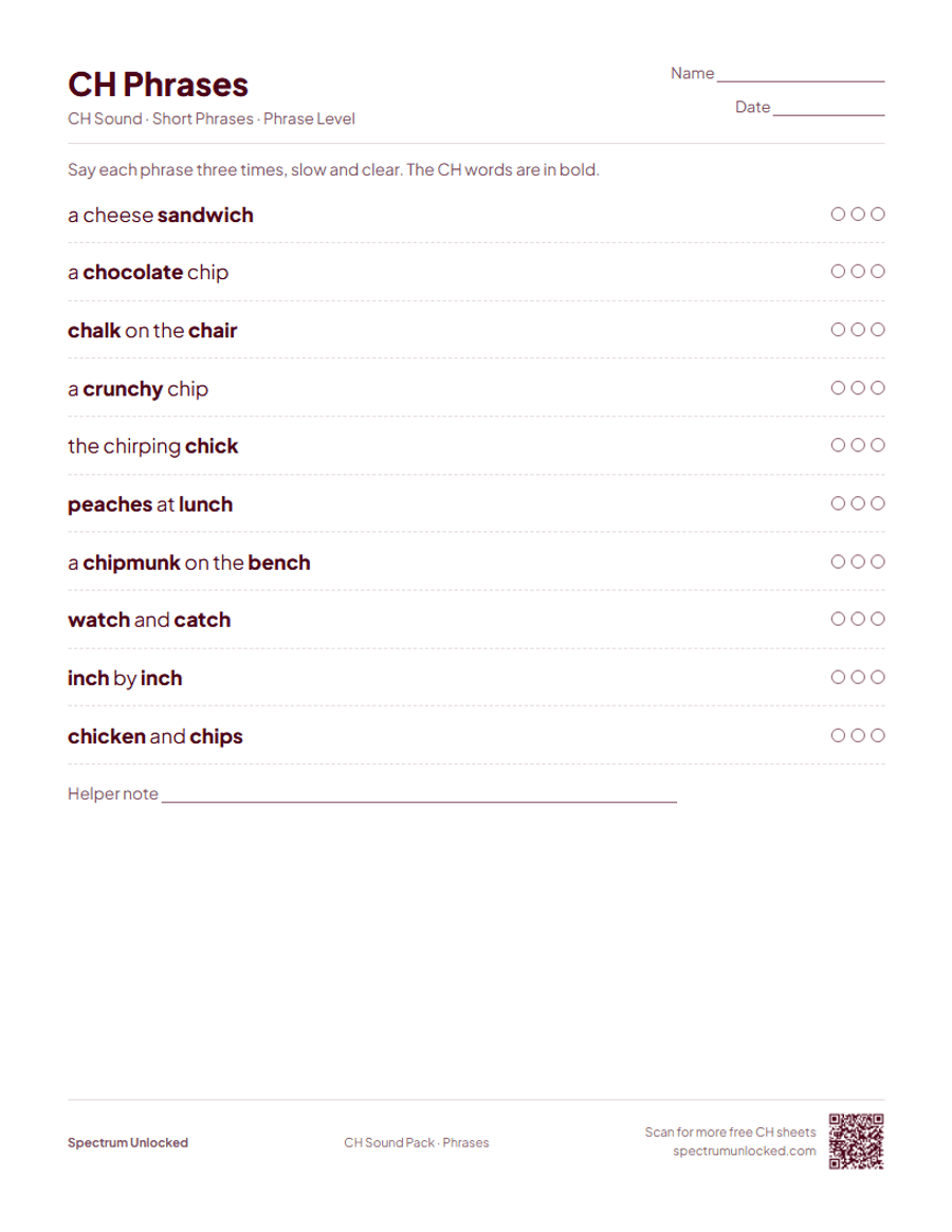CH phrases practice page with try counters