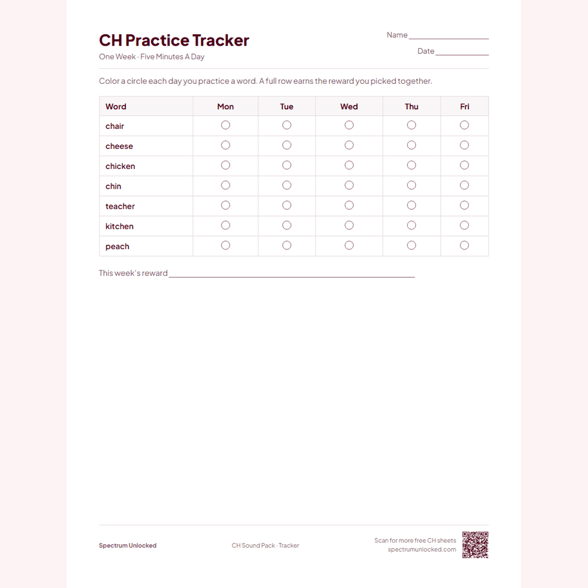 Weekly CH practice tracker page