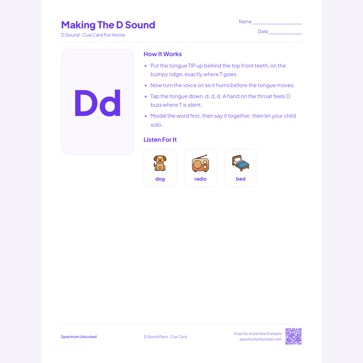 Send-home cue card from the D Sound Articulation Worksheets Pack