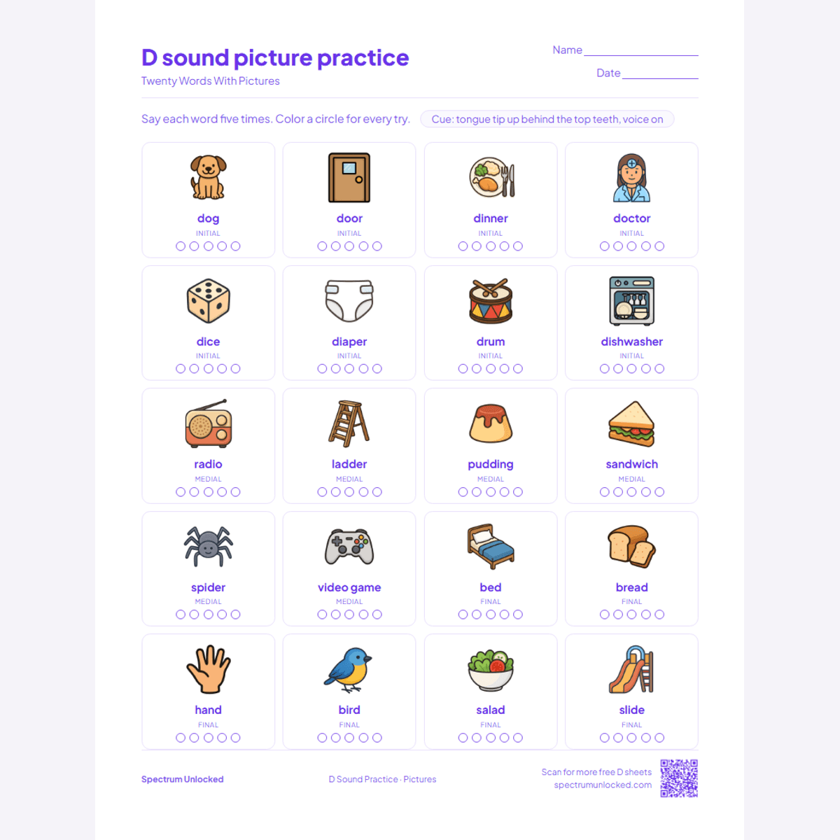 Picture practice page with 20 illustrated D words
