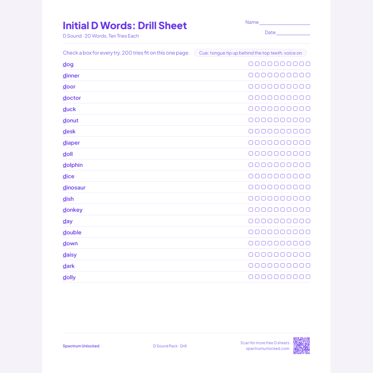Drill sheet with ten tries per D word