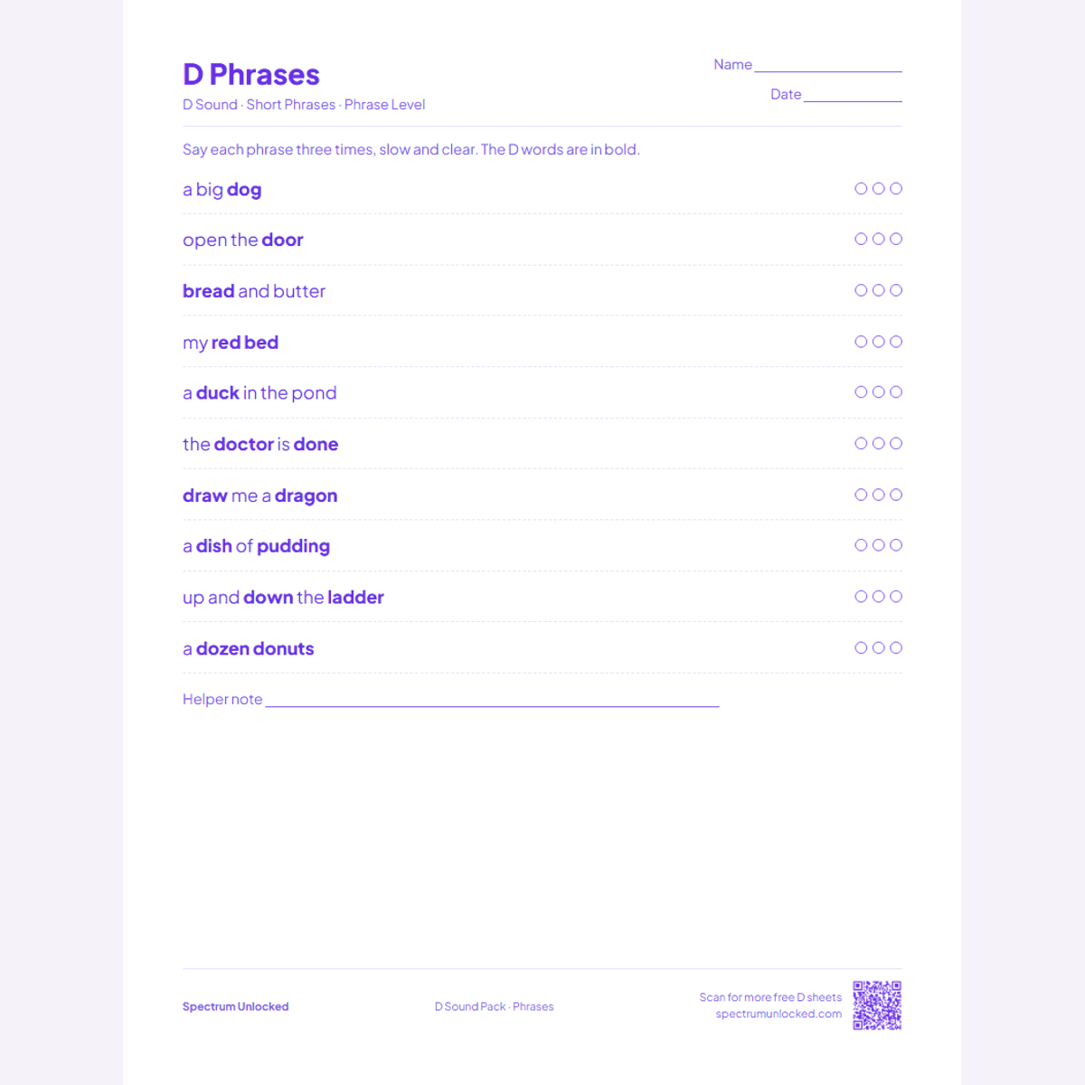 D phrases practice page with try counters