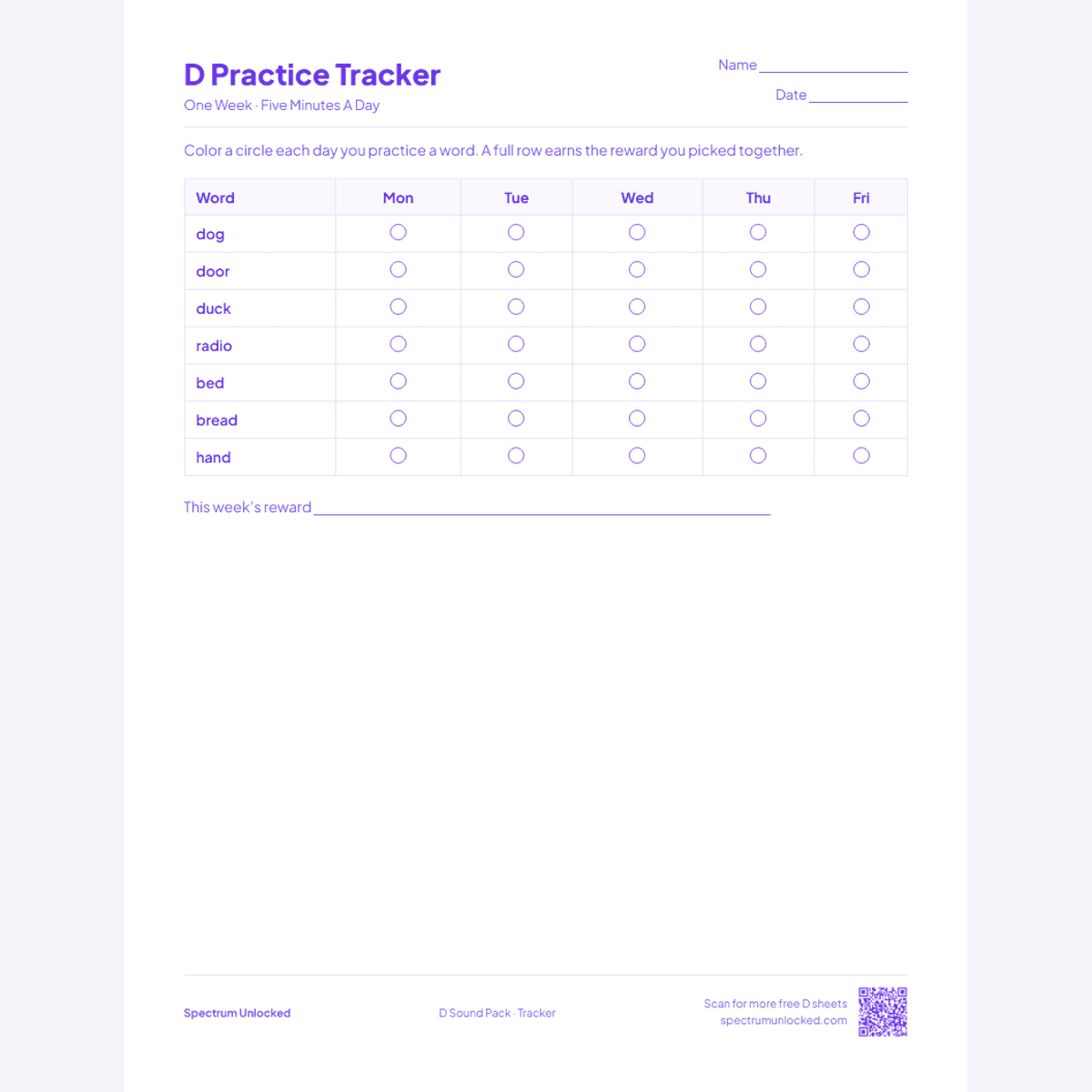Weekly D practice tracker page