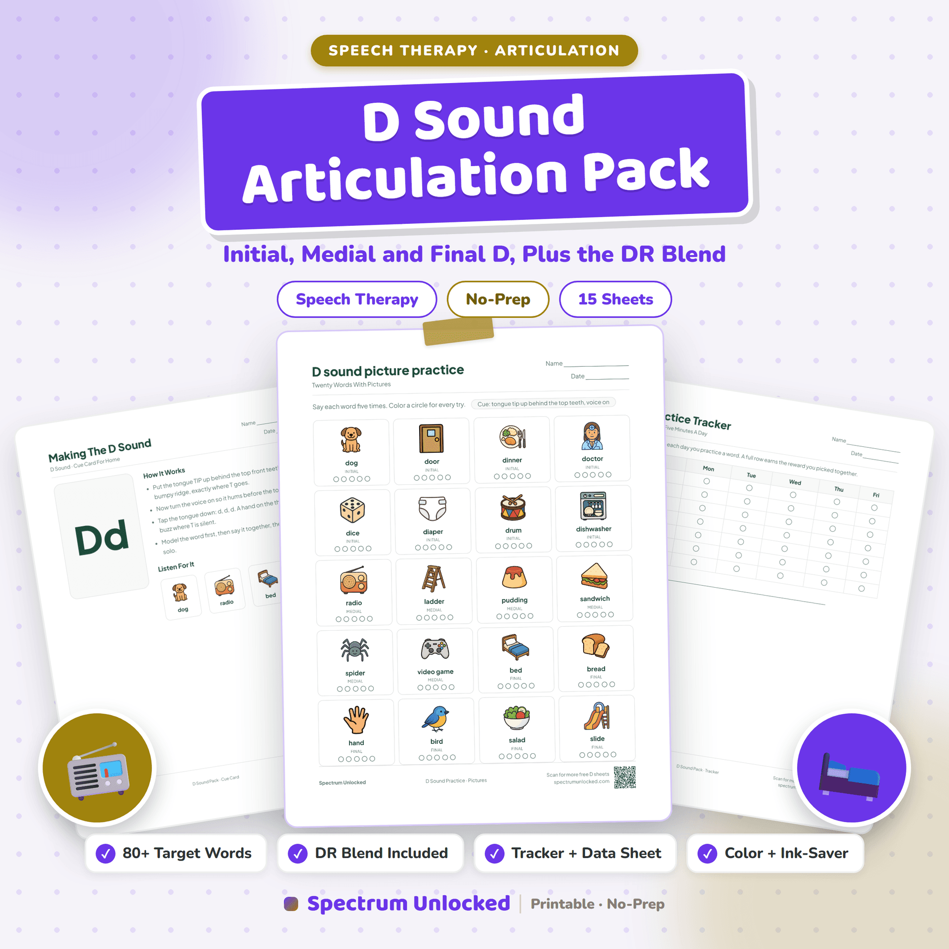 D Sound Articulation Worksheets Pack cover