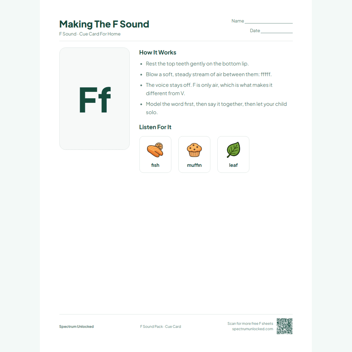 Send-home cue card from the F Sound Articulation Worksheets Pack