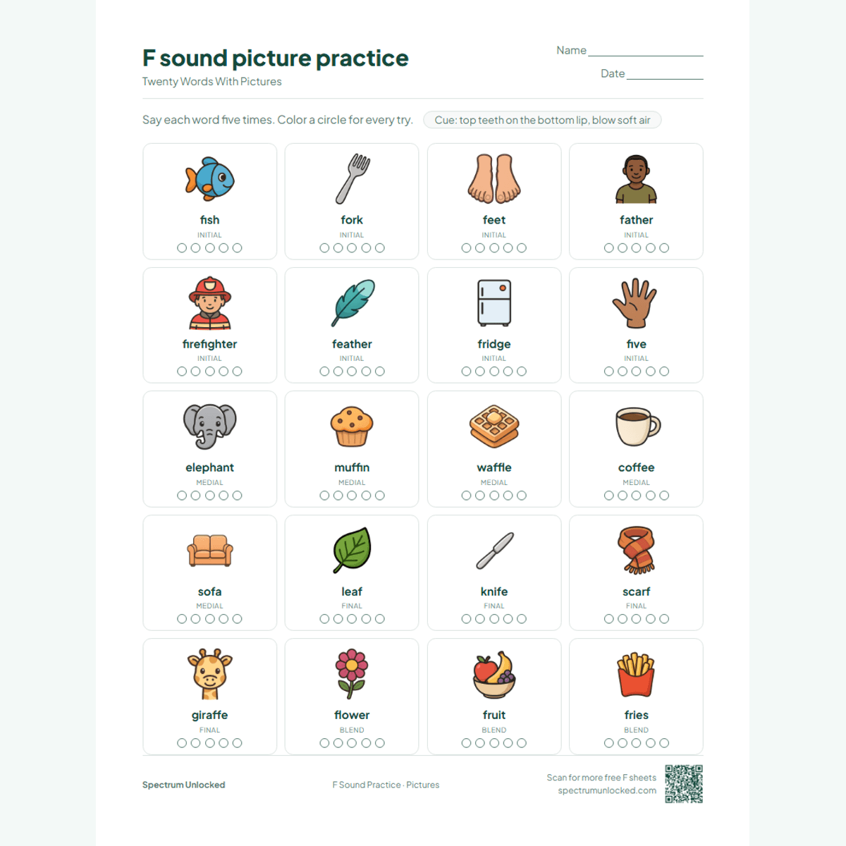 Picture practice page with 20 illustrated F words