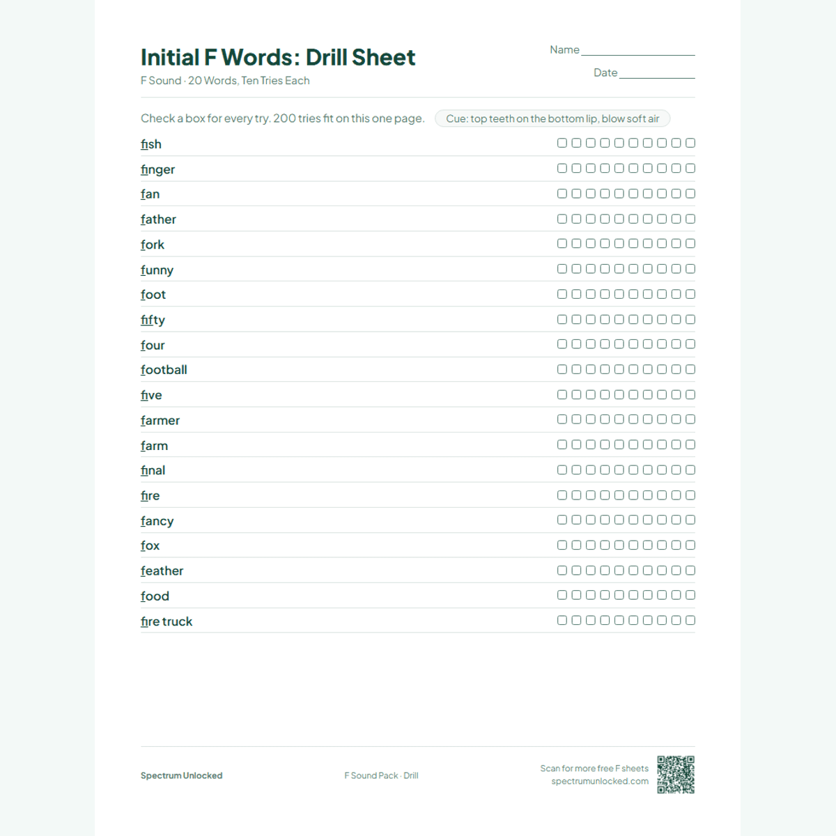 Drill sheet with ten tries per F word