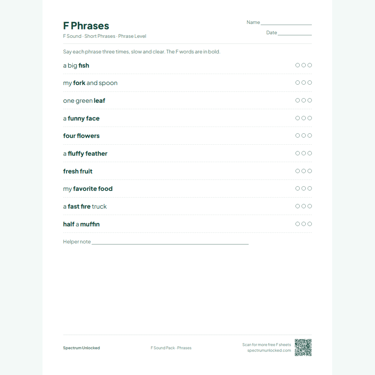 F phrases practice page with try counters