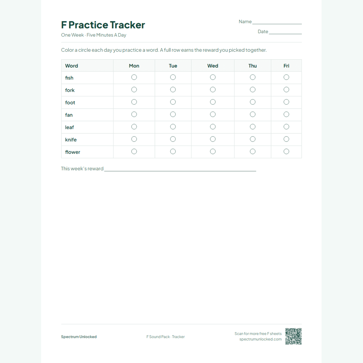 Weekly F practice tracker page