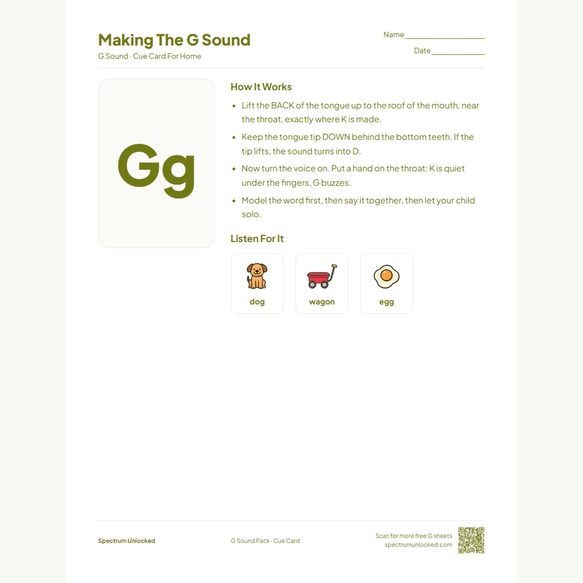 Send-home cue card from the G Sound Articulation Worksheets Pack