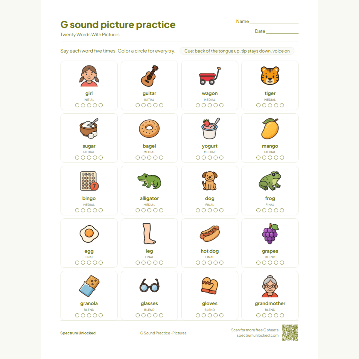 Picture practice page with 20 illustrated G words