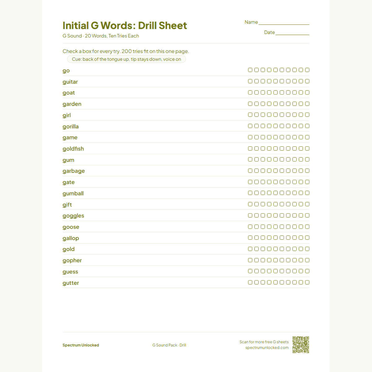 Drill sheet with ten tries per G word