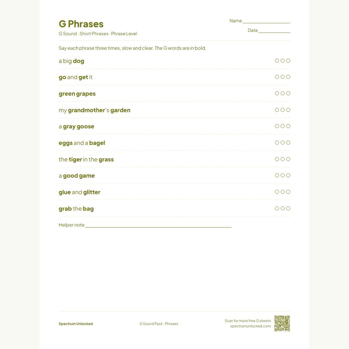 G phrases practice page with try counters