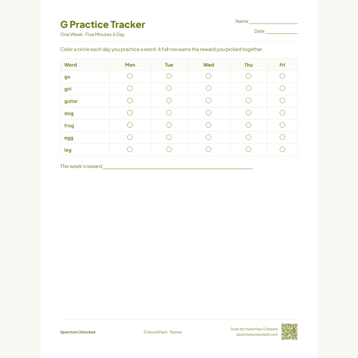 Weekly G practice tracker page