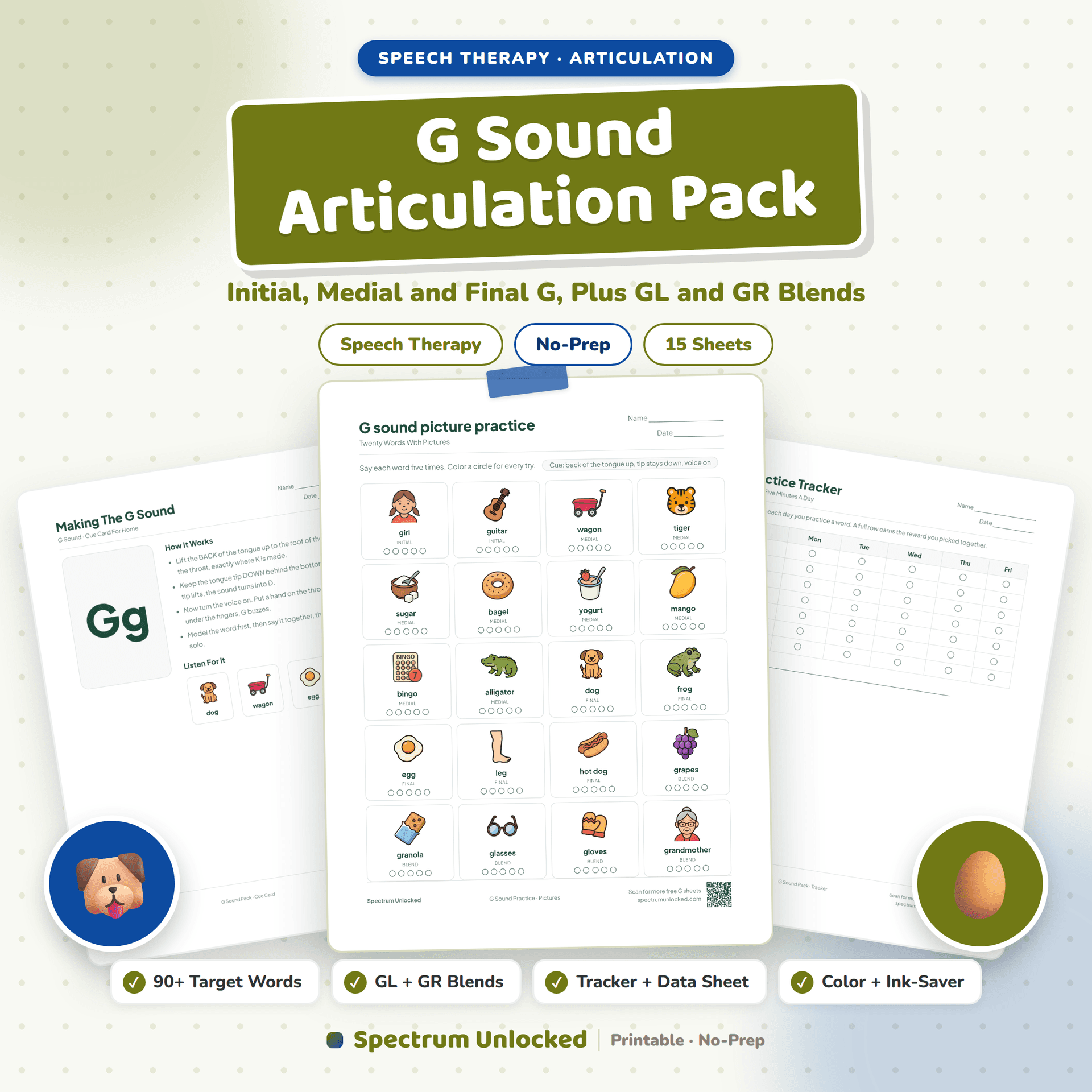 G Sound Articulation Worksheets Pack cover
