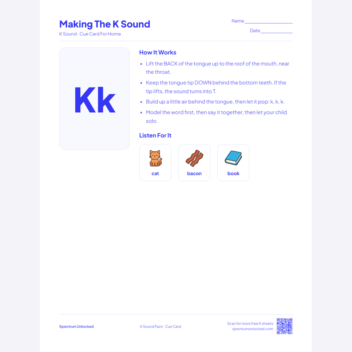 Send-home cue card from the K Sound Articulation Worksheets Pack