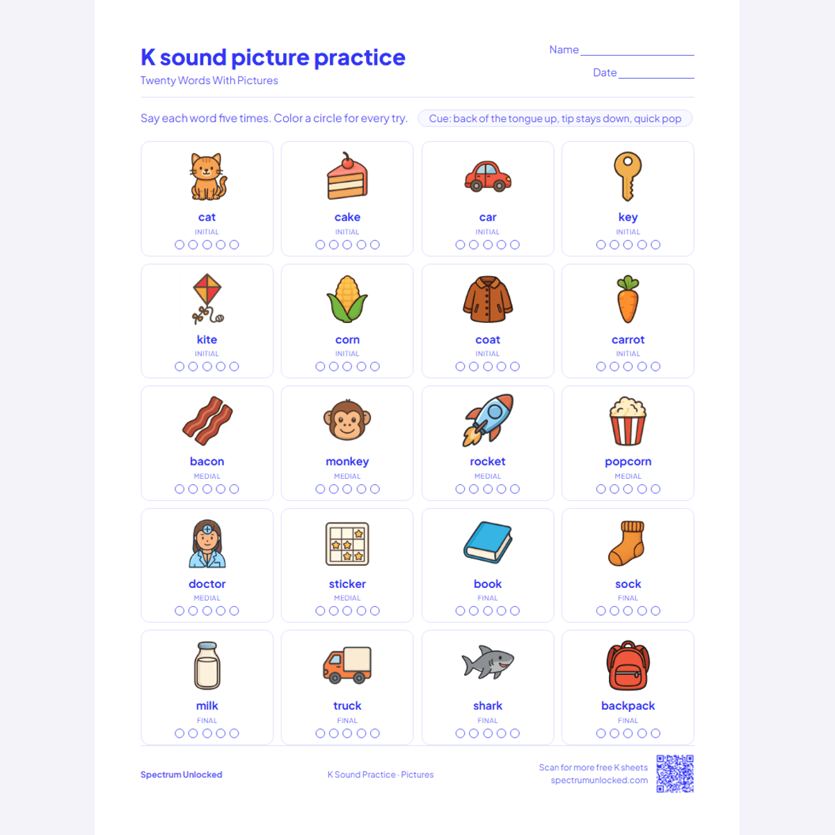 Picture practice page with 20 illustrated K words