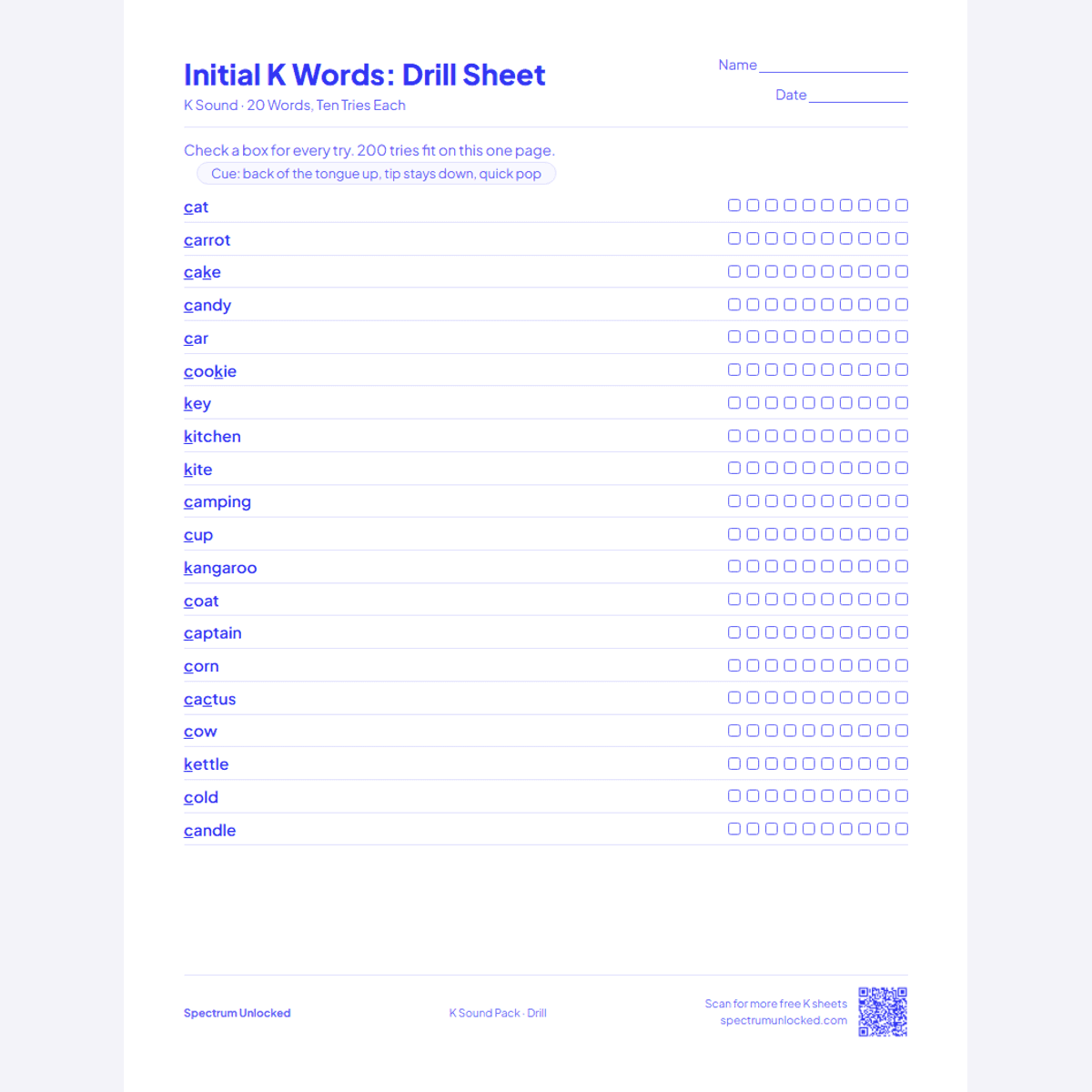 Drill sheet with ten tries per K word