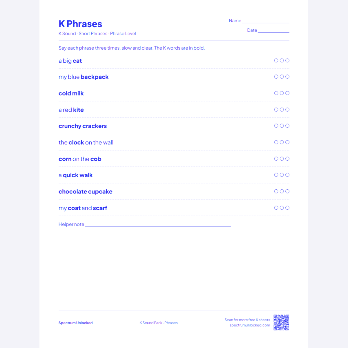 K phrases practice page with try counters