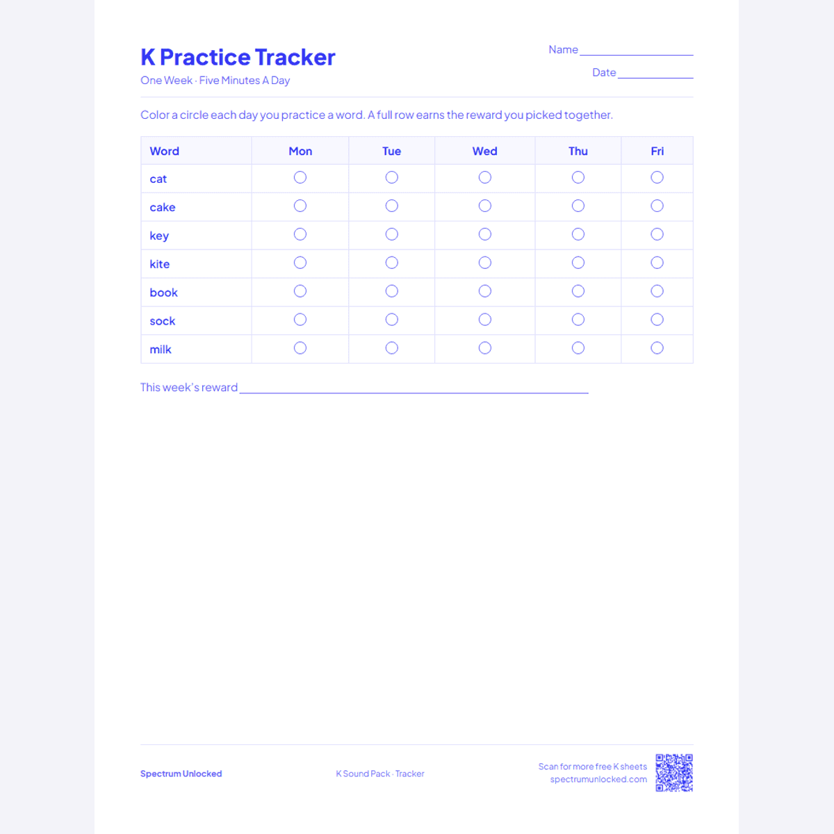 Weekly K practice tracker page