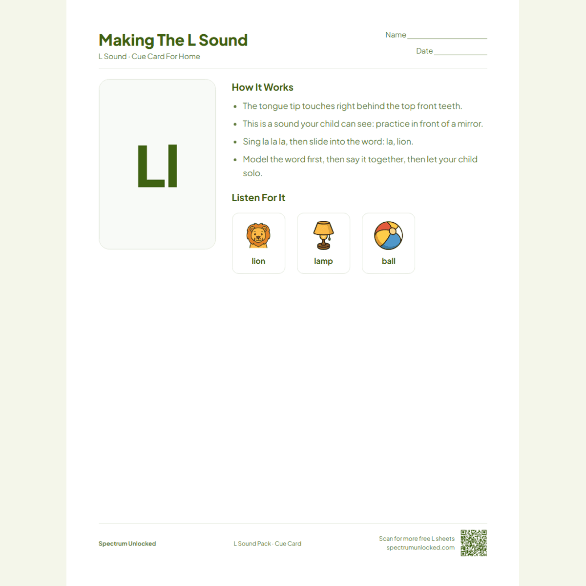 Send-home cue card from the L Sound Articulation Worksheets Pack