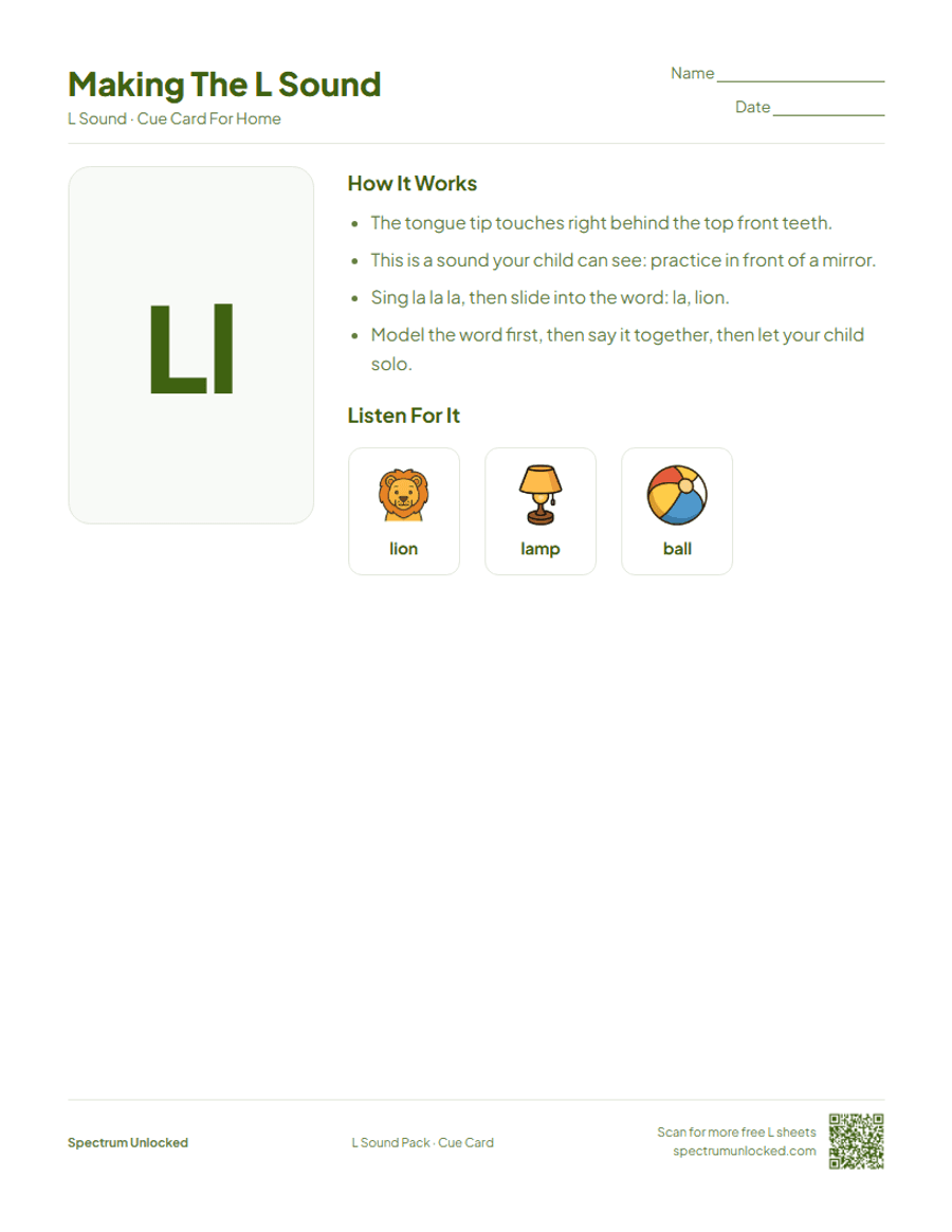 Send-home cue card from the L Sound Articulation Worksheets Pack