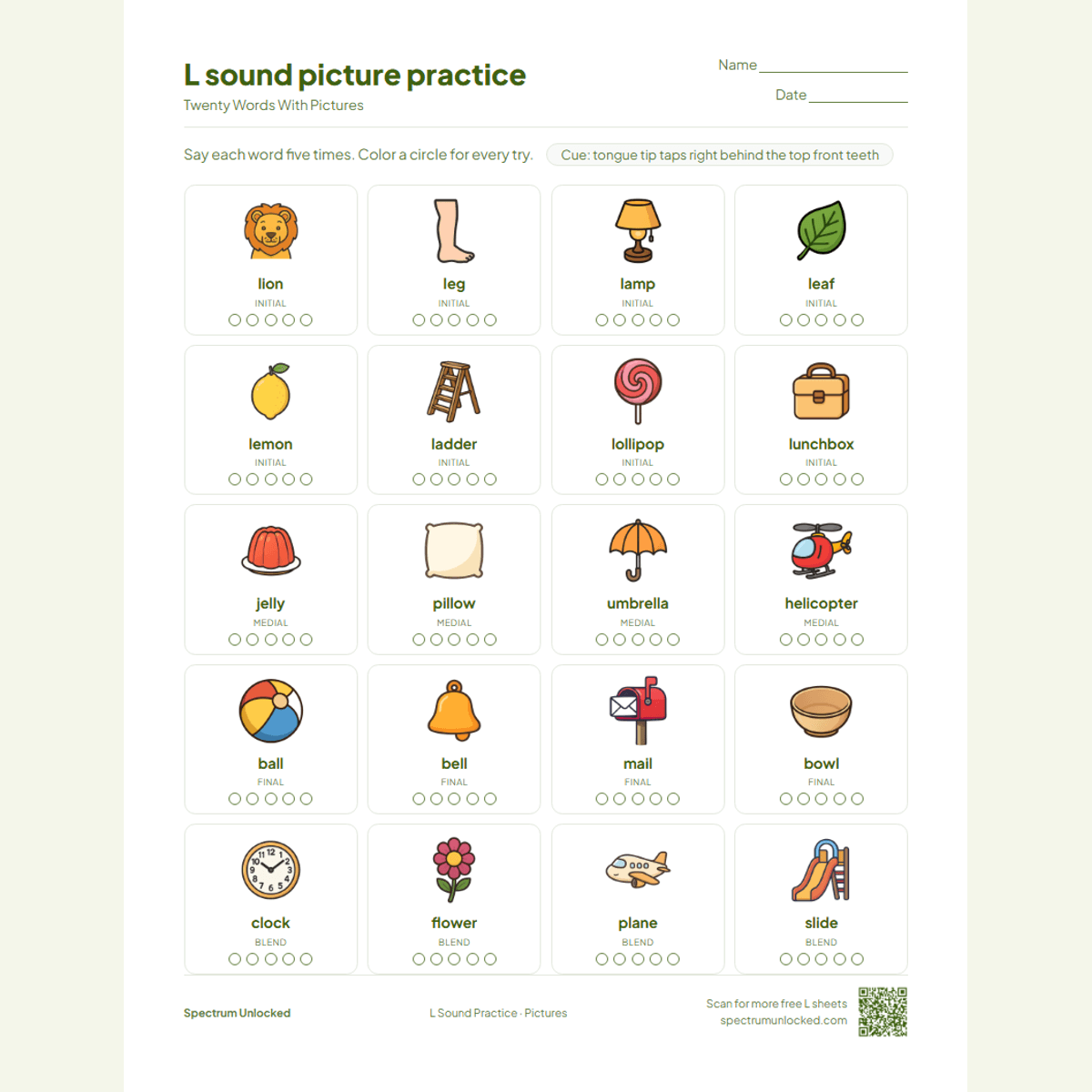 Picture practice page with 20 illustrated L words