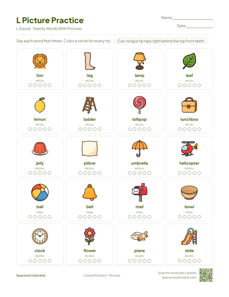 Picture practice page with 20 illustrated L words