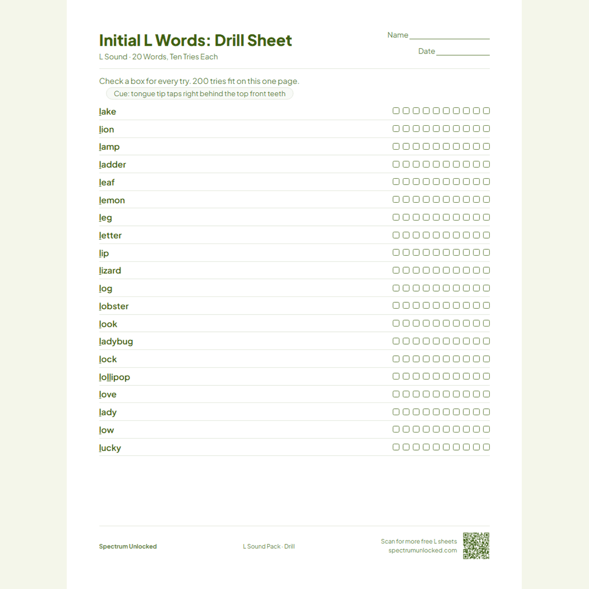 Drill sheet with ten tries per L word