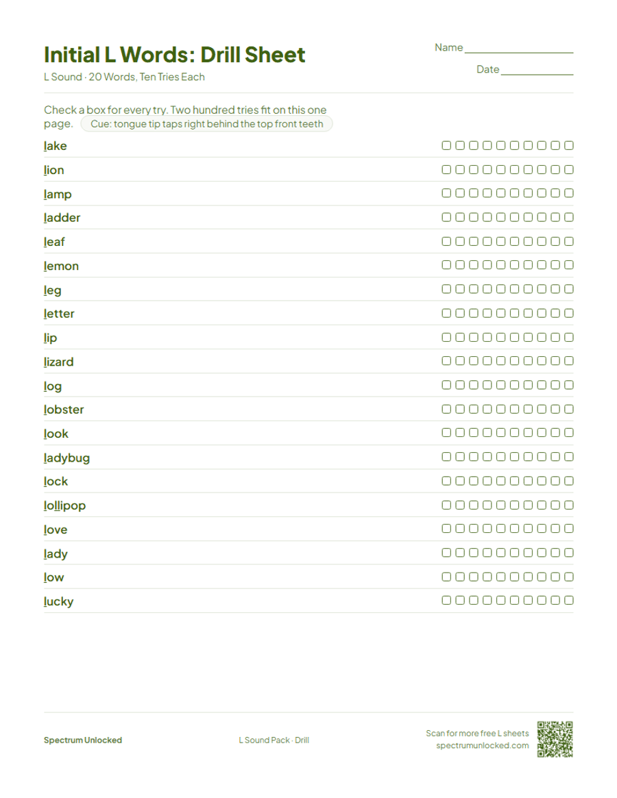 Drill sheet with ten tries per L word