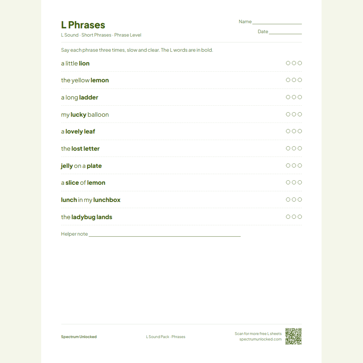L phrases practice page with try counters