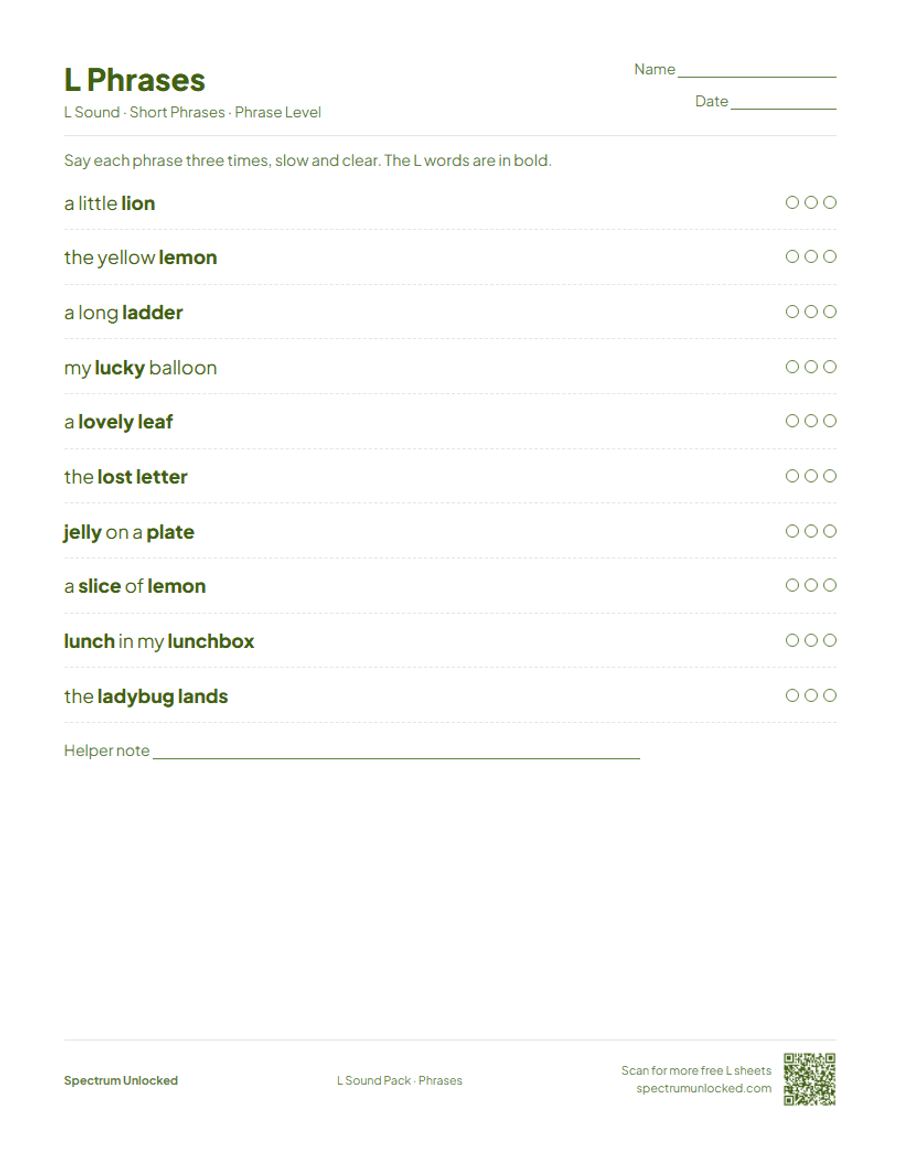 L phrases practice page with try counters
