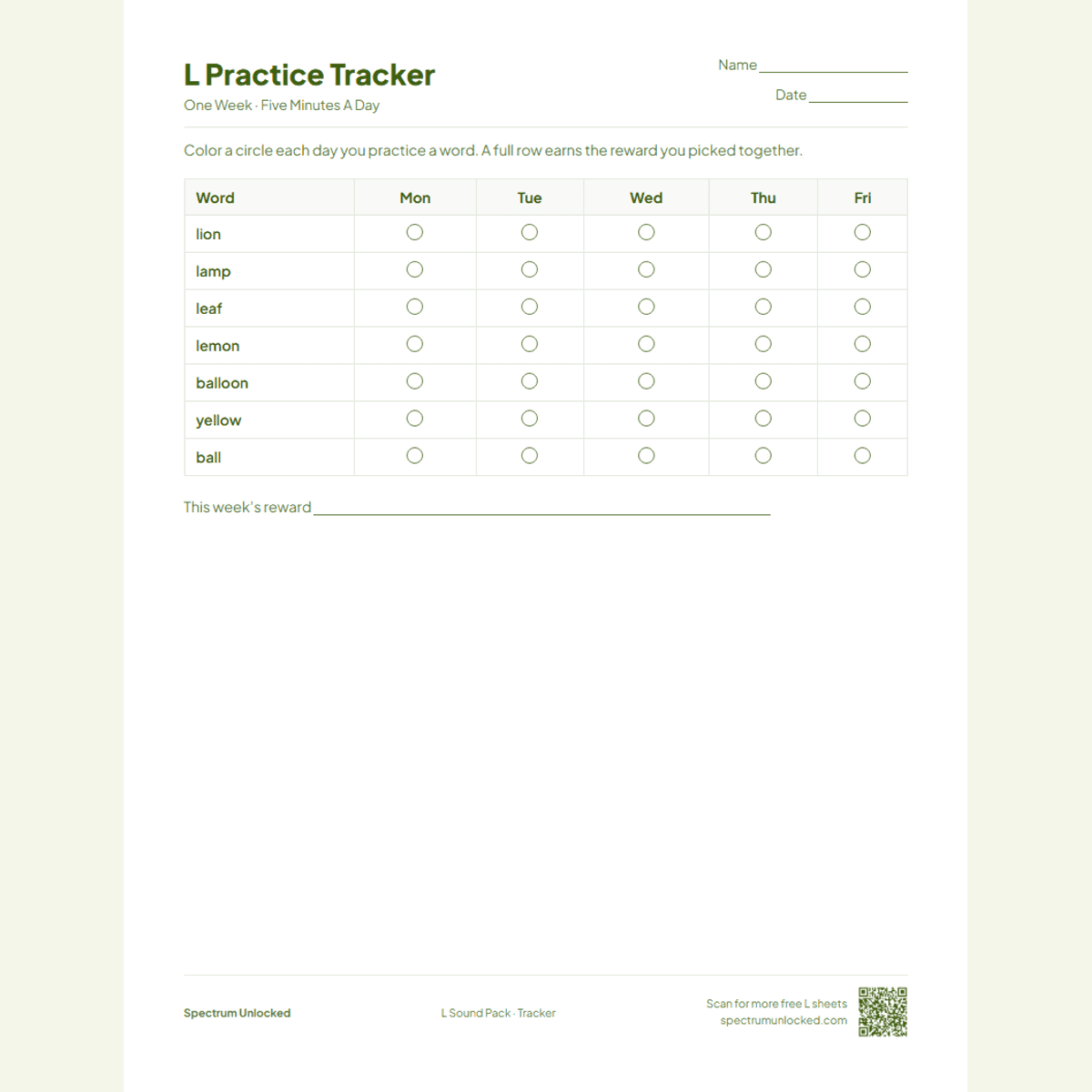 Weekly L practice tracker page