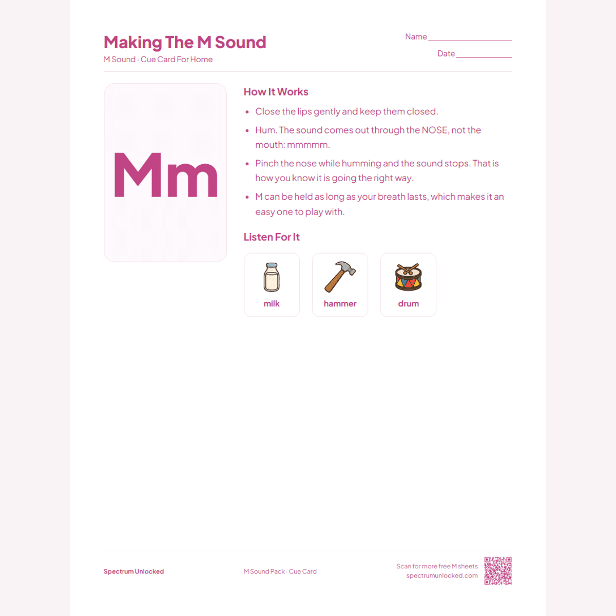 Send-home cue card from the M Sound Articulation Worksheets Pack