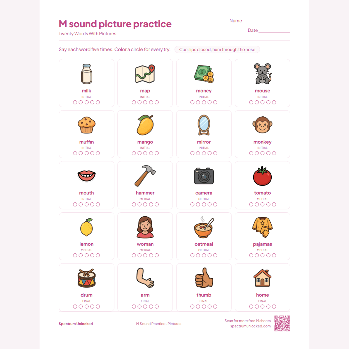 Picture practice page with 20 illustrated M words