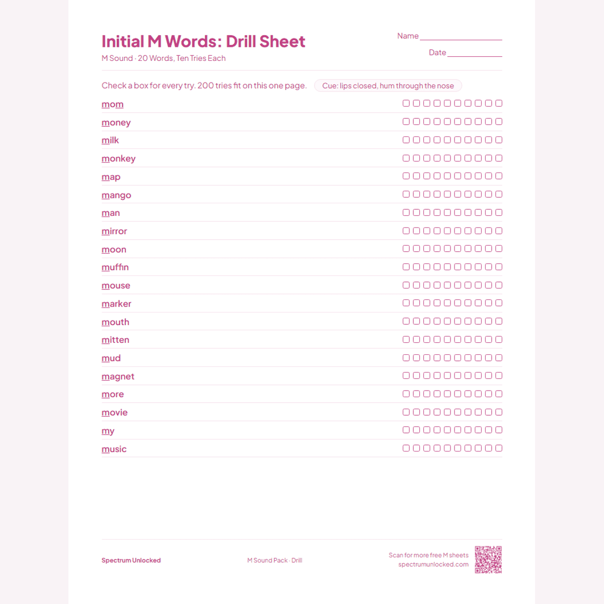 Drill sheet with ten tries per M word